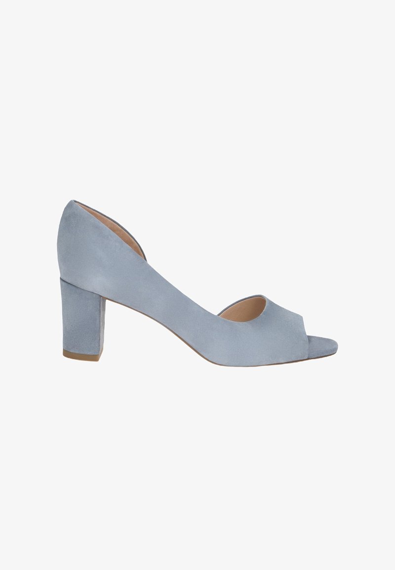 Blue suede high-heeled shoes with a peep toe design, a solid block heel, and a smooth texture. Open-back style with a minimalistic shape.