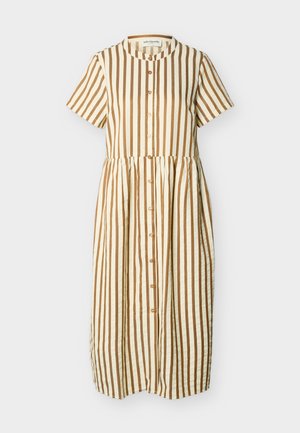 Midi-jurk met korte mouwen, verticale bruine en crèmekleurige strepen, knoopsluiting aan de voorkant, ronde halslijn en een aangeplooide taille.