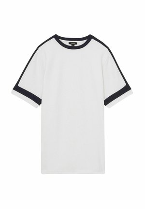 White short-sleeve t-shirt with navy blue trim on sleeves and collar, featuring a textured fabric and a relaxed fit.
