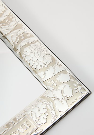 Sudraba toņa dekoratīvs attēlu rāmis ar reljefa ziedu rakstiem, gludu metālisku tekstūru un melnu akcentu malu.