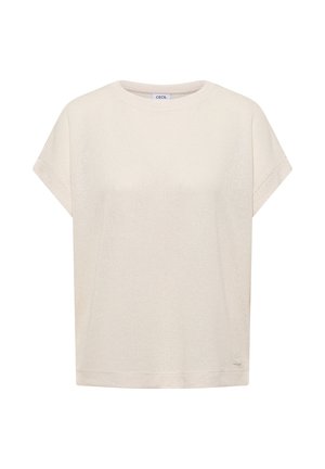 Top de punto beige de manga corta con escote redondo y pequeña etiqueta de marca cerca del dobladillo, mostrado sobre un fondo blanco.