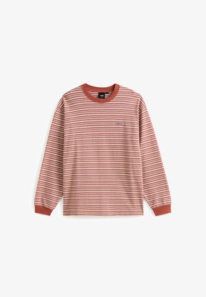 Langärmliges Hemd mit rot-weiß gestreiftem Muster, ausgestattet mit einem Rundhalsausschnitt und einem kleinen Logo auf der Brust. Aus weicher Stoff gefertigt.