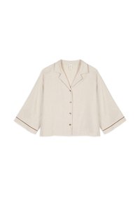 Beige linen cropped blouse with a notch collar, front buttons, and 3/4 sleeves that have brown trim accents on the cuffs.