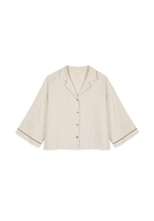 Blusa in lino beige a manica corta con colletto a scollo a V, bottoni frontali e maniche 3/4 con rifiniture marroni sui polsini.