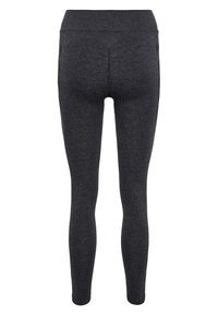 Mørkegrå leggings i fuld længde med høj talje, sømløs design og strækbart stof vist bagfra.