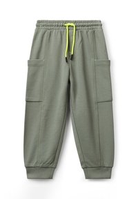 Olijfgroene joggerpants met elastische taille, neongele trekkoord, zijcargo zakken en ribgebreide boorden.