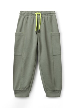 Olivgrüne Jogginghosen mit elastischem Bund, neon-gelbem Kordelzug, seitlichen Cargo-Taschen und gerippten Bündchen.