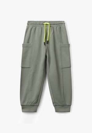 Olijfgroene joggerpants met elastische taille, neongele trekkoord, zijcargo zakken en ribgebreide boorden.