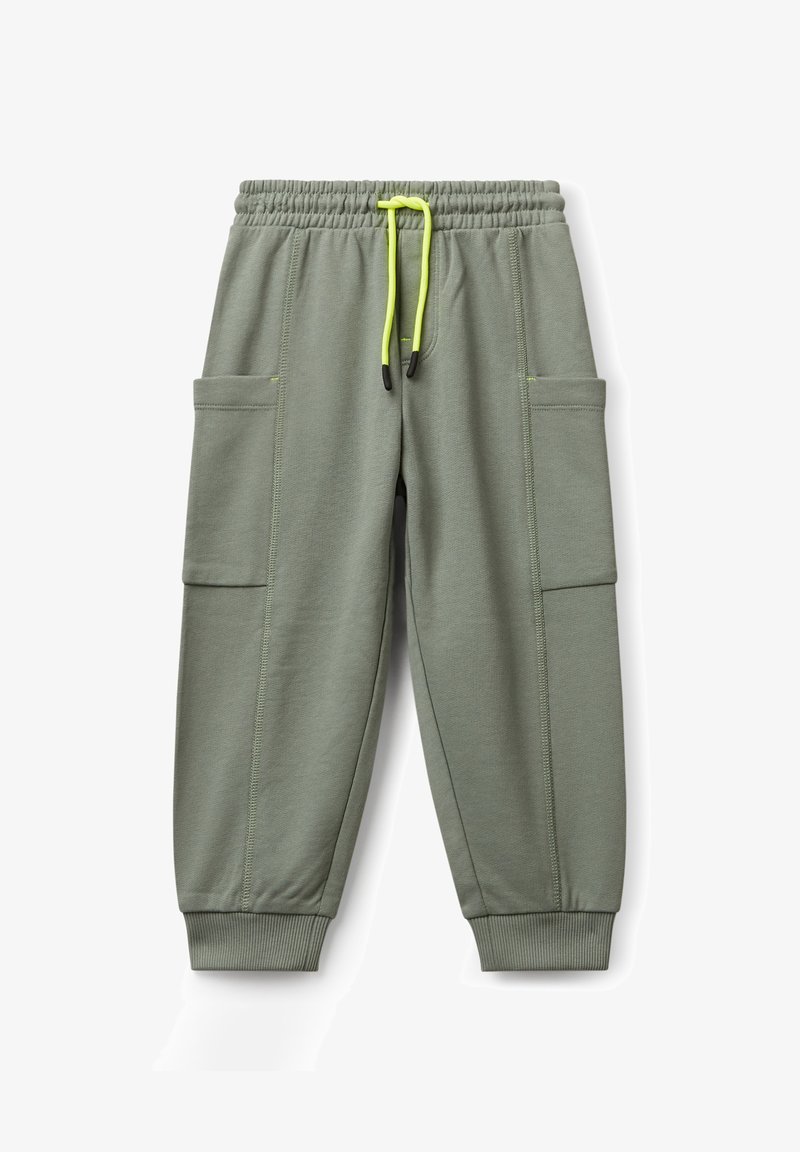 Oliwkowe spodnie dresowe z elastycznym pasem, neonowożółtym sznurkiem, bocznymi kieszeniami cargo i ściągaczami u dołu.