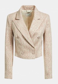 Blazer in tweed rosa chiaro con design cropped, davanti doppiopetto e fodera liscia. Presenta grandi bottoni rotondi e colletto a risvolto.