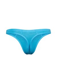 Blaue Tanga-Unterwäsche aus glattem Stoff. Verfügt über einen dünnen elastischen Bund und nahtlose Kanten für zusätzlichen Komfort.