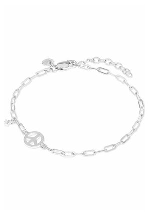 Silberarmband mit länglichen Gliedern und einem Friedenstraße-Anhänger. Glatte Oberfläche mit glänzendem Finish und verstellbarem Verschluss.
