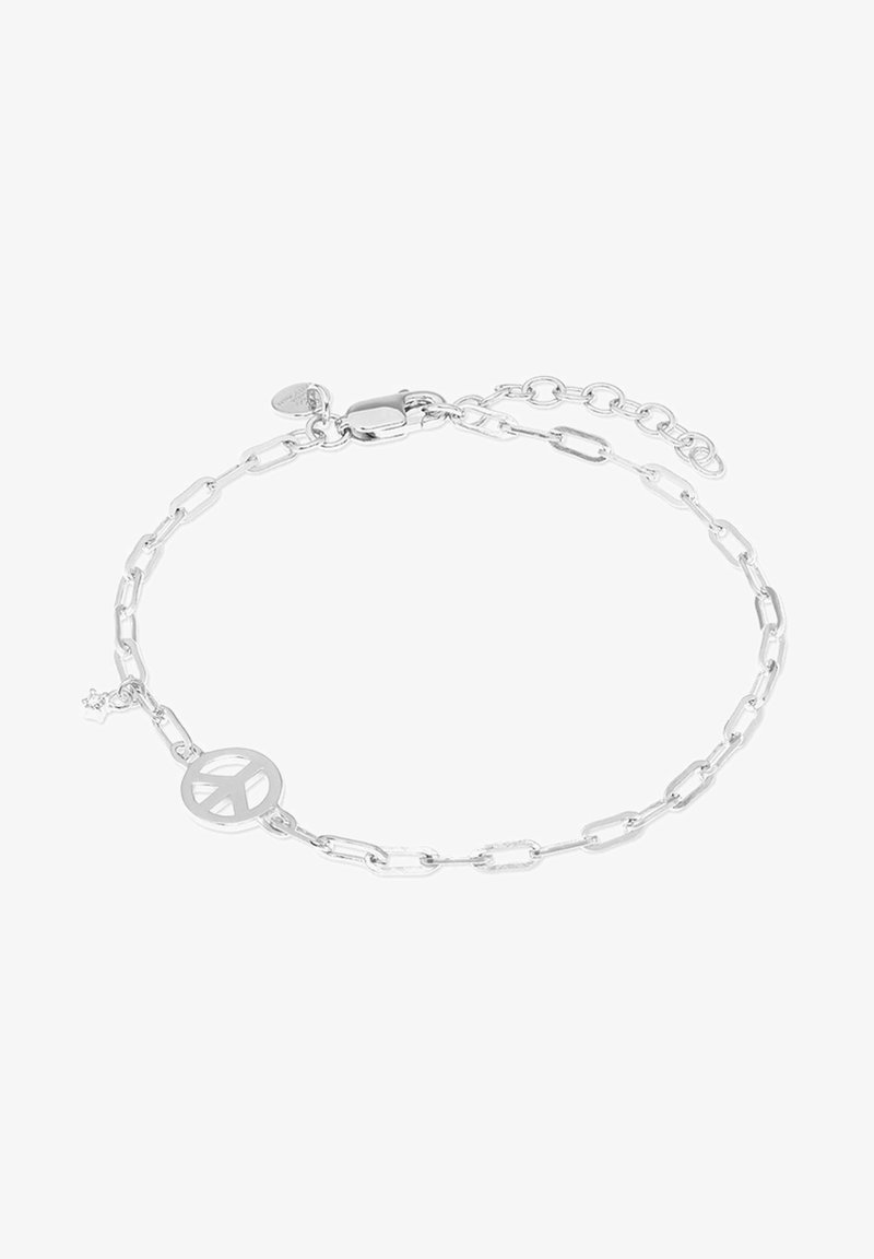 Bracciale in argento con anelli allungati e un charm a forma di simbolo della pace. Texture liscia e finitura lucida con chiusura regolabile.