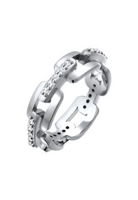 Sølvfarvet metalring med sammenflettede kædelinks, udsmykket med små klare krystaller langs den ene side, glat finish og minimal design.