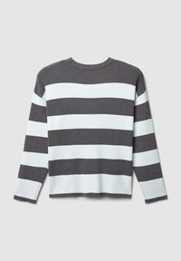 Gestreifter Pullover mit horizontalen grauen und hellblauen Streifen. Rippstrick-Optik mit Rundhalsausschnitt und langen Ärmeln. Gerade Saumlinie.
