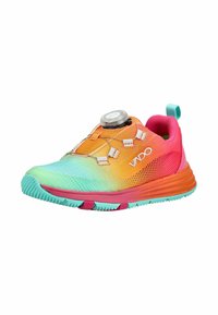 Zapatilla deportiva de corte bajo con parte superior de degradado multicolor, suela en color verde azulado, media suela rosa y sistema de cordones con dial BOA, con la marca "VIDO" en el lateral.