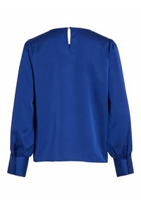 Blouse en satin bleu avec de longues manches ballon, détail en trou de serrure au dos et fermetures à boutons aux poignets, offrant une texture lisse et un design élégant.