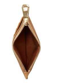 Tan crocodile-patterned leather wallet with a gold zipper, showcasing an open interior lined in brown fabric.