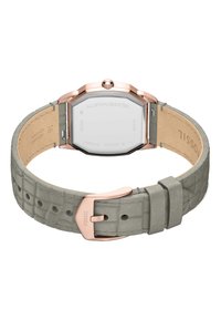 Octagonal ur i rustfrit stål med en rosaguld bezel og grå ægte læderrem med struktureret mønster og spænde.