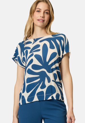 Blue-and-white floral pattern short-sleeve top, made from lightweight fabric, featuring a relaxed fit and round neckline.