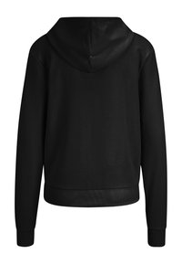 Felpa nera con cappuccio realizzata in tessuto morbido, caratterizzata da un design a taglio dritto, polsini a costine e una schiena semplice senza decorazioni.