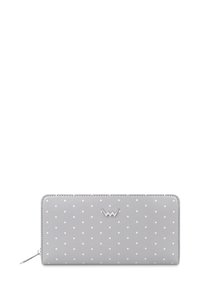 Grey leather wallet featuring a polka dot pattern in pink. It has a silver logo accent and a zip closure on one side.