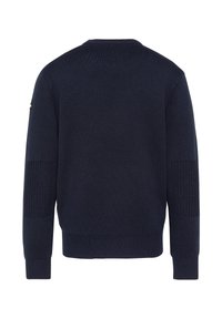 Navyblauer gestrickter Pullover mit gerippter Textur an den Ärmeln und Schultern. Einfacher Rundhalsausschnitt und eine lockere Passform für Komfort.