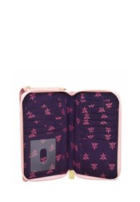 Ritsportemonnee met een roze buitenkant en paarse binnenkant, versierd met roze bloemmotieven, meerdere kaarthouders en een transparant vak voor ID.