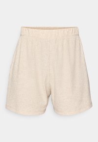 Shorts beiges texturés avec une taille élastique. Présente des rayures verticales subtiles et un design décontracté à coupe droite. Pas de poches.