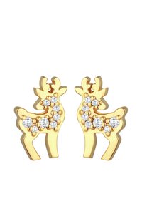 Orecchini a forma di renna in tono oro, caratterizzati da cristalli trasparenti decorativi, con un design giocoso e una superficie liscia e lucida.