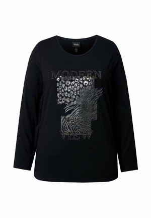 Czarna koszulka z długim rękawem z srebrnym nadrukiem tekstu "MODERN VIEW" i grafiką w zwierzęce wzory. Materiał wygląda na gładki, o luźnym kroju.