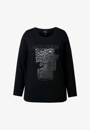 Czarna koszulka z długim rękawem z srebrnym nadrukiem tekstu "MODERN VIEW" i grafiką w zwierzęce wzory. Materiał wygląda na gładki, o luźnym kroju.