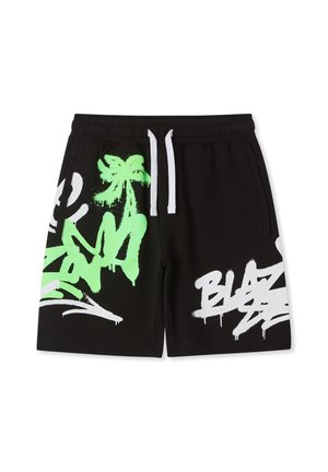 Pantaloncini neri in cotone con vestibilità comoda, caratterizzati da stampe stile graffiti bianche e verde neon, inclusa una raffigurazione di una palma.