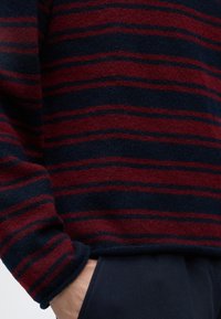 Personne portant un pull rayé bleu marine et rouge foncé, une main partiellement dans la poche d'un pantalon bleu marine.