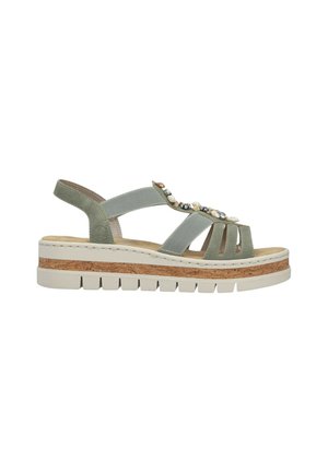 Olive green wedge sandal with elastic straps, decorative beads on top, cork midsole, and white rubber outsole with deep grooves.