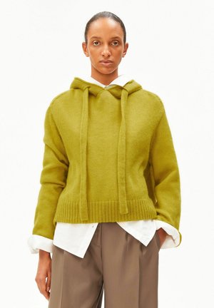 Person trägt einen grünen Strick-Hoodie über einem weißen Hemd und braune weit geschnittene Hosen, steht vor einem einfachen weißen Hintergrund.