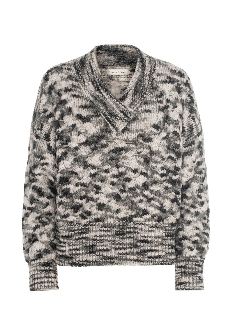 Maglione lavorato a maglia in bianco e nero. Presenta un colletto a scialle, un motivo testurizzato, polsini e orlo a coste. Costruzione in morbido filato spesso.