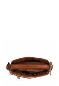 Borsa a tracolla in pelle marrone con due scomparti con cerniera, una finitura liscia e dettagli di cucitura sottile lungo i bordi.