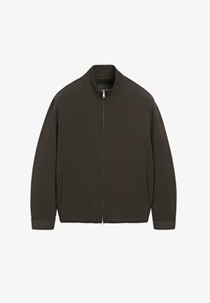 Ciemnoszara kurtka na zamek z stojącym kołnierzem, długimi rękawami i dwoma bocznymi kieszeniami; charakteryzuje się gładką fakturą i luźnym krojem.