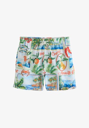 Swim trunks featuring a light blue background with colorful stamps of Italian landscapes, fruits, and marine elements. Drawstring waistband.