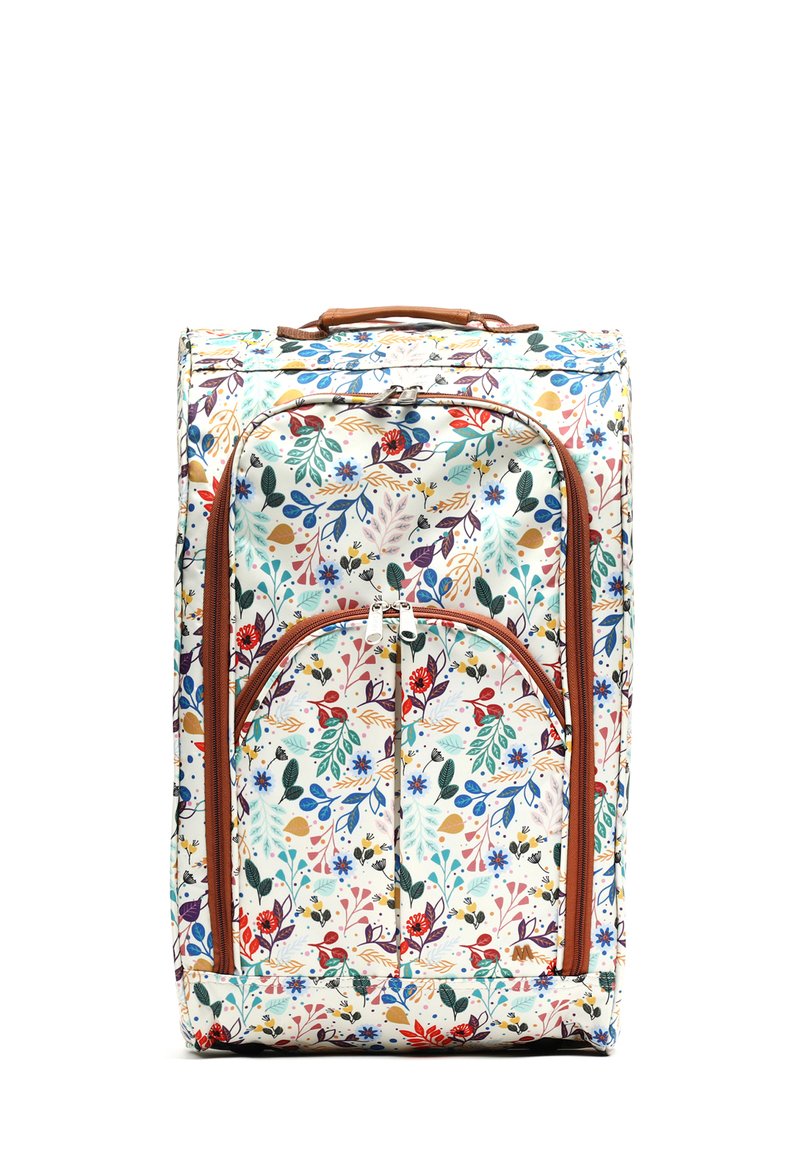 Rolling suitcase with a floral pattern in various colors; features brown accents, a top handle, and a front zip pocket.
