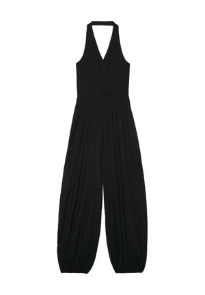 Combinaison noire sans manches avec col halter, jambes larges et ourlets élastiqués froncés.