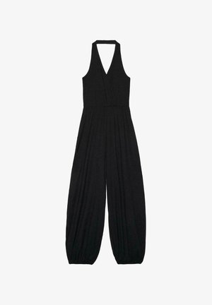 Schwarzer ärmelloser Jumpsuit mit Neckholder, weiten Beinen und gesammelten elastischen Säumen.