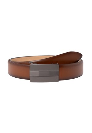Brown leather belt coiled with a dark gray rectangular automatic buckle, displayed against a white background.