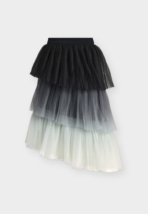 Jupe plissée à plusieurs niveaux avec tissu en tulle superposé en dégradé noir, gris et blanc, avec une ceinture élastique.
