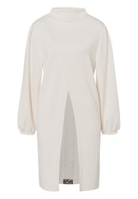 Crème-kleurige jurk met lange pofmouwen, een hoge kraag en een asymmetrische zijsplit. Soepele stof met een losse pasvorm.