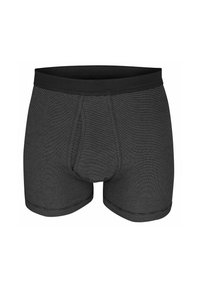 Black boxer shorts featuring a horizontal stripe pattern, elastic waistband, and a contoured pouch. Made from a soft, stretchy fabric.