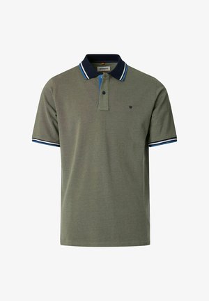 Olivengrøn polo-shirt med navyblå krave, to-knaps åbning, korte ærmer og stribet kant på krave og ærmekanter.