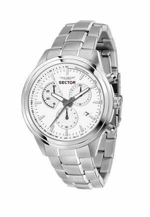 Orologio in acciaio inossidabile argentato con quadrante bianco, tre sottodial, scala tachimetrica e bracciale a maglie. Nome del marchio 'SECTOR' visibile.
