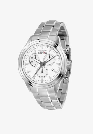 Orologio in acciaio inossidabile argentato con quadrante bianco, tre sottodial, scala tachimetrica e bracciale a maglie. Nome del marchio 'SECTOR' visibile.